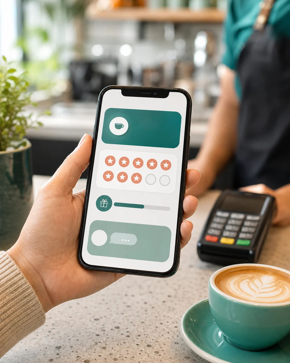 Cliente acompanhando um cartão fidelidade digital no celular.